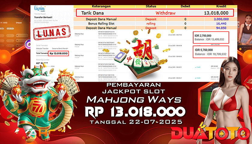 BUKTI PEMBAYARAN JEKPOT SLOT MAHJONG WAYS 22-07-2025