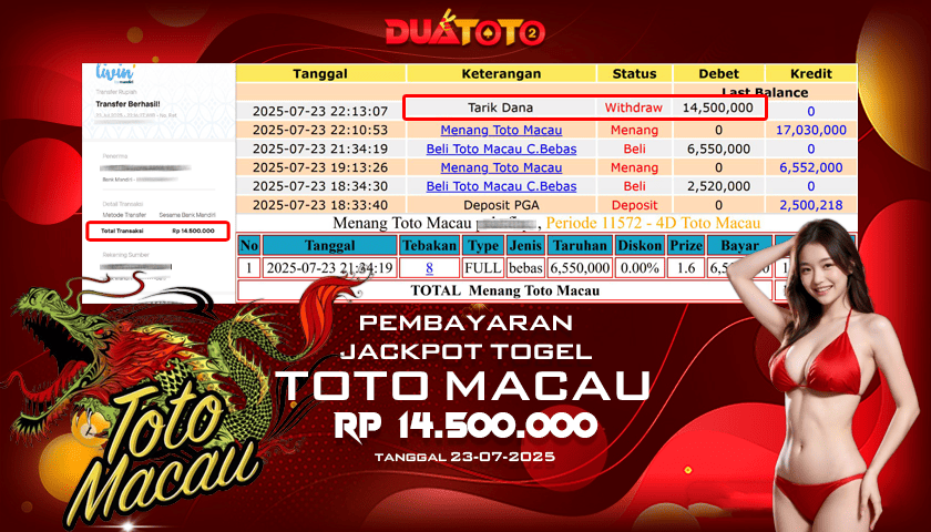 BUKTI PEMBAYARAN JACKPOT TOGEL TOTO MACAU 23-07-2025