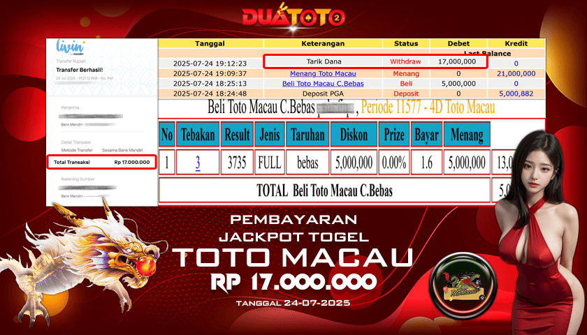 BUKTI PEMBAYARAN JACKPOT TOGEL TOTO MACAU 24-07-2025
