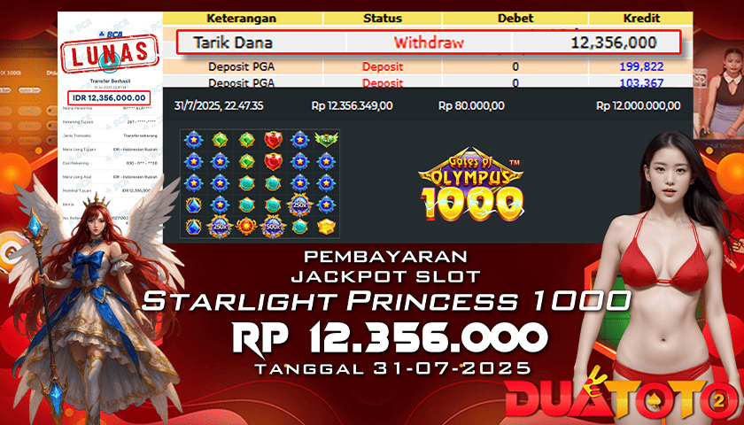 BUKTI PEMBAYARAN JACKPOT SLOT STARLIGHT PRINCESS 1000 31-07-2025