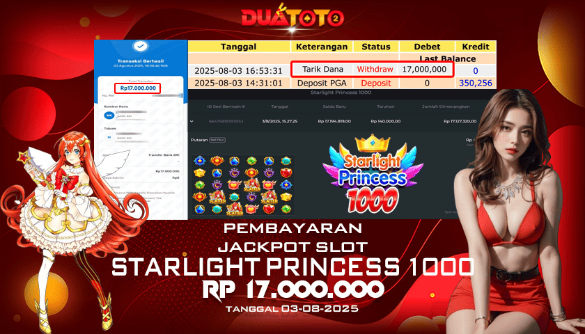 BUKTI PEMBAYARAN JACKPOT SLOT STARLIGHT PRINCESS 1000 03-08-2025