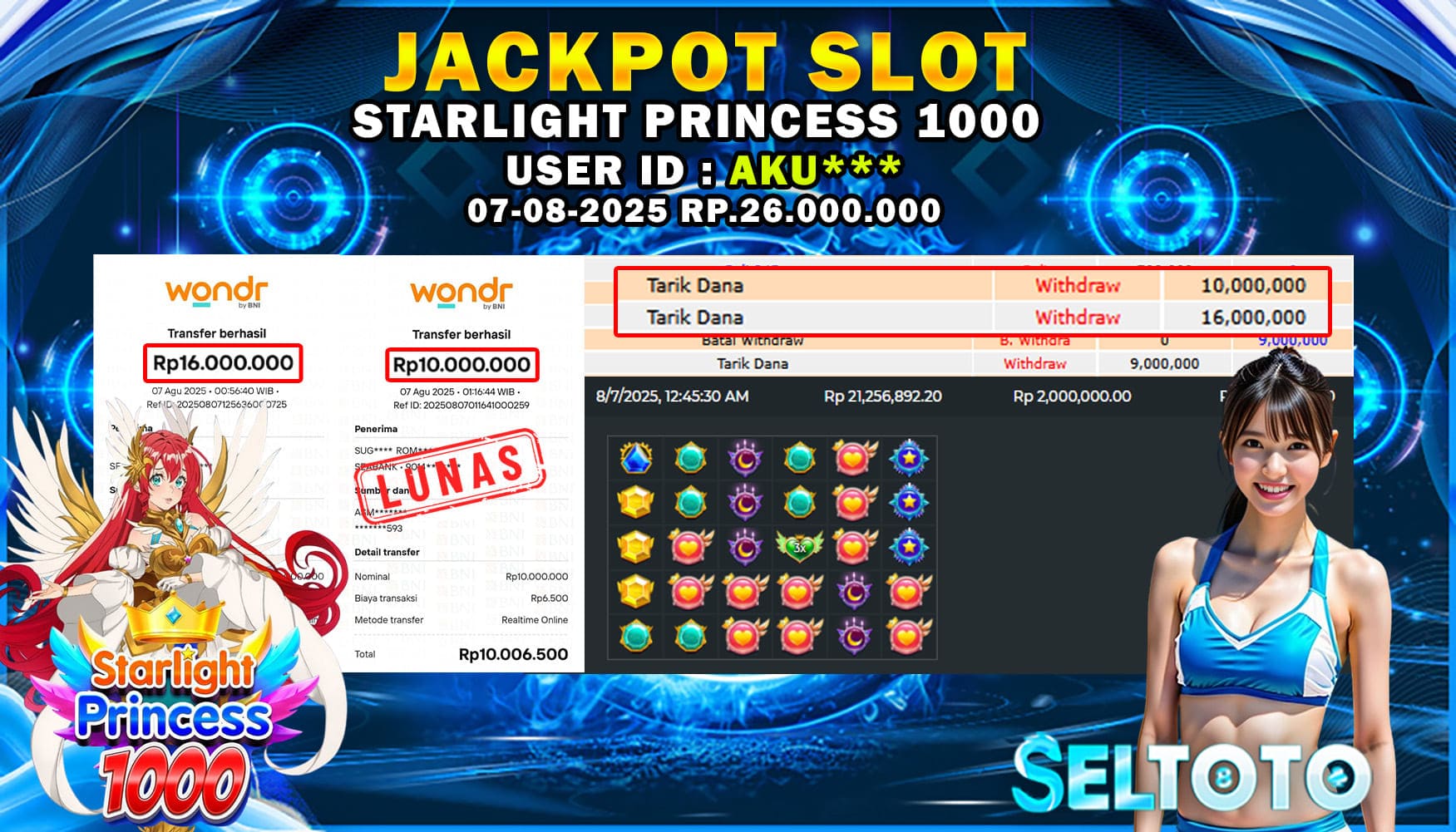 BUKTI PEMBAYARAN JACKPOT SLOT STARLIGHT PRINCESS 1000 07-08-2025