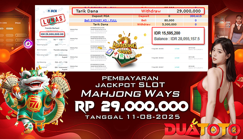 BUKTI PEMBAYARAN JACKPOT SLOT MAHJONG WAYS 11-08-2025