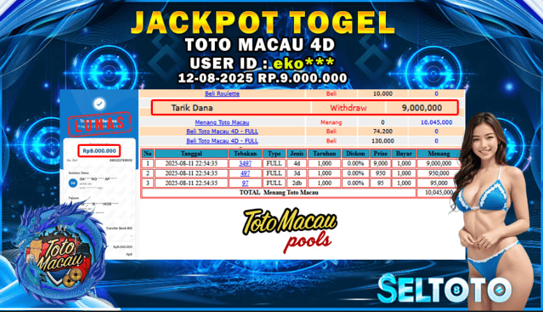 BUKTI PEMBAYARAN JACKPOT TOGEL TOTOMACAU 4D 12-08-2025