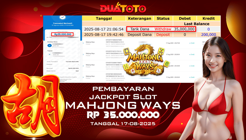 BUKTI PEMBAYARAN JACKPOT SLOT MAHJONG WAYS 17-08-2025