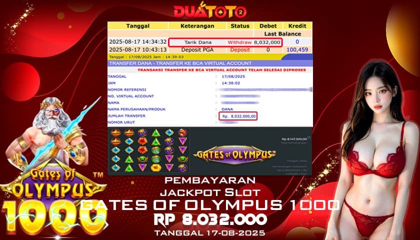 BUKTI PEMBAYARAN JACKPOT SLOT GATES OF OLYMPUS 1000 17-08-2025
