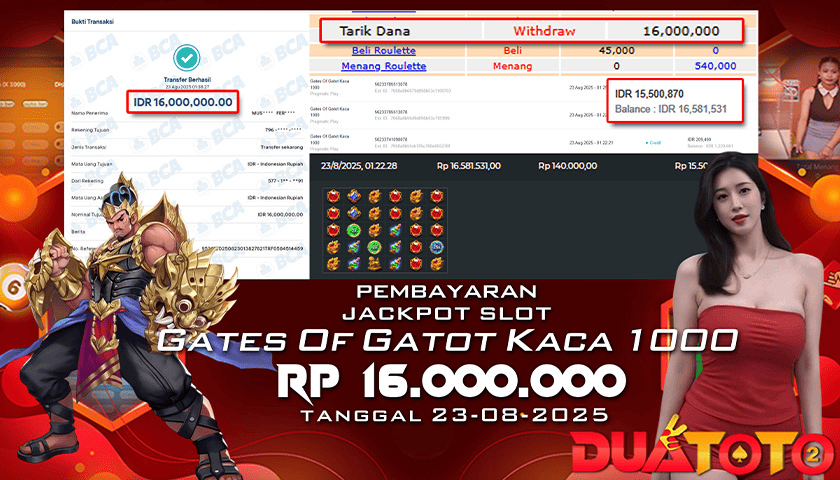 BUKTI PEMBAYARAN JACKPOT SLOT GATES OF GATOT KACA 1000 23-08-2025