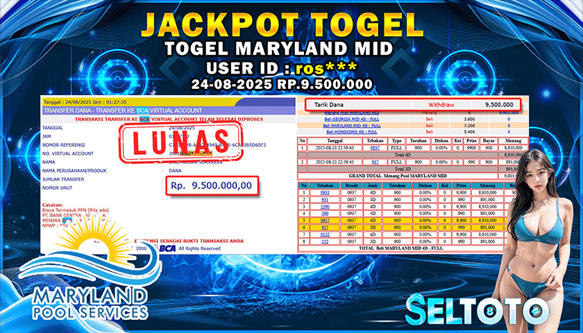 BUKTI PEMBAYARAN JACKPOT TOGEL MARYLAND MID 24-08-2025 