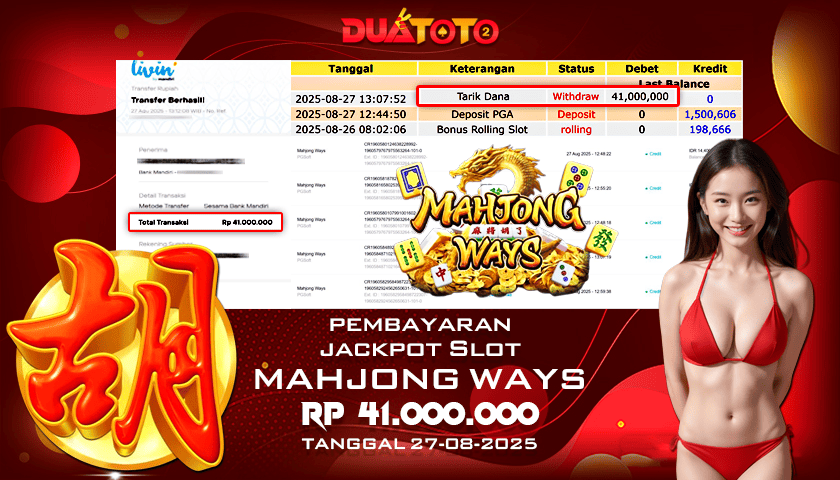 BUKTI PEMBAYARAN JACKPOT SLOT MAHJONG WAYS 27-08-2025