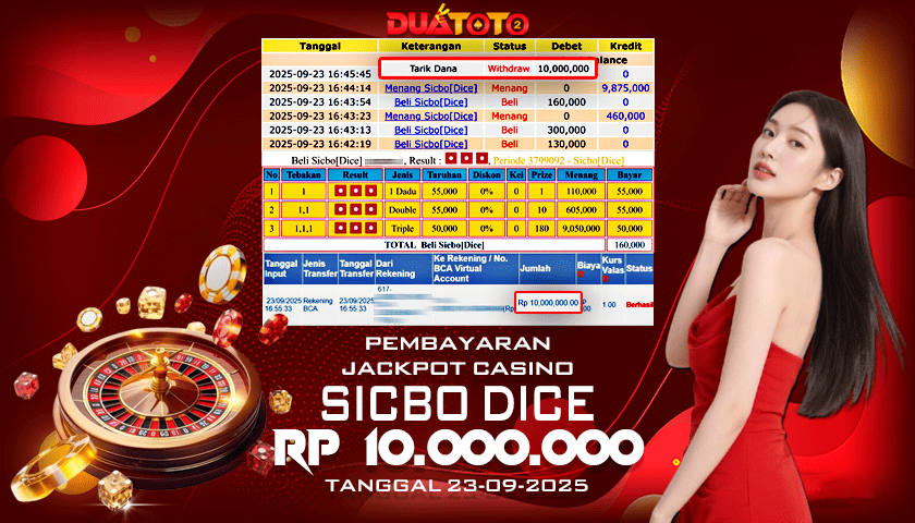 BUKTI PEMBAYARAN JACKPOT CASINO SICBO DICE 23-09-2025