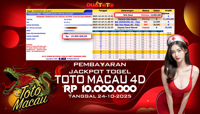 BUKTI PEMBAYARAN JACKPOT TOGEL TOTO MACAU 4D 24-10-2025