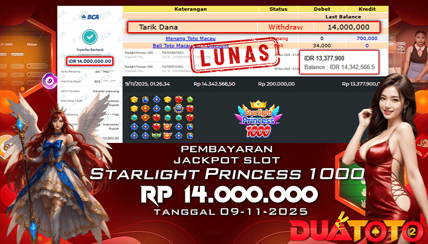BUKTI PEMBAYARAN JACKPOT SLOT STARLIGHT PRINCESS 1000 09-11-2025