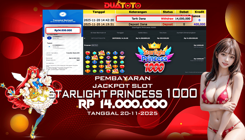 BUKTI PEMBAYARAN JACKPOT SLOT STARLIGHT PRINCESS 1000 20-11-2025