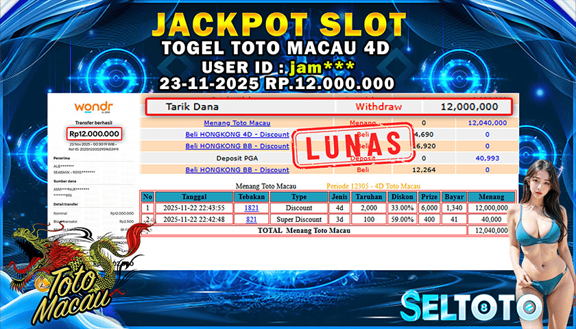 BUKTI PEMBAYARAN JACKPOT TOGEL TOTO MACAU 4D 23-11-2025