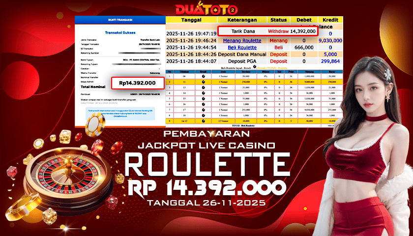 BUKTI PEMBAYARAN JACKPOT LIVE CASINO ROULETTE 26-11-2025