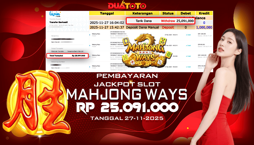 BUKTI PEMBAYARAN JACKPOT SLOT MAHJONG WAYS  27-11-2025