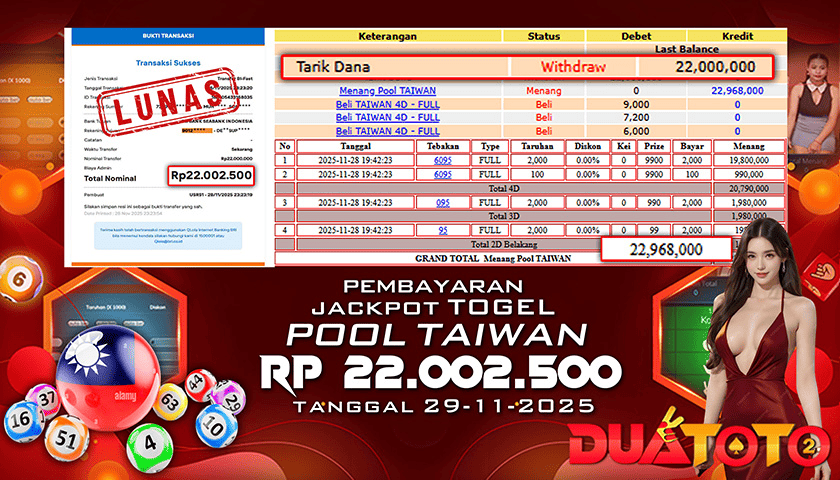 BUKTI PEMBAYARAN JACKPOT TOGEL POOL TAIWAN 29-11-2025