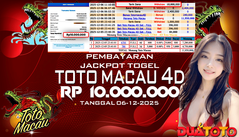 BUKTI PEMBAYARAN JACKPOT TOGEL TOTO MACAU 4D 06-12-2025