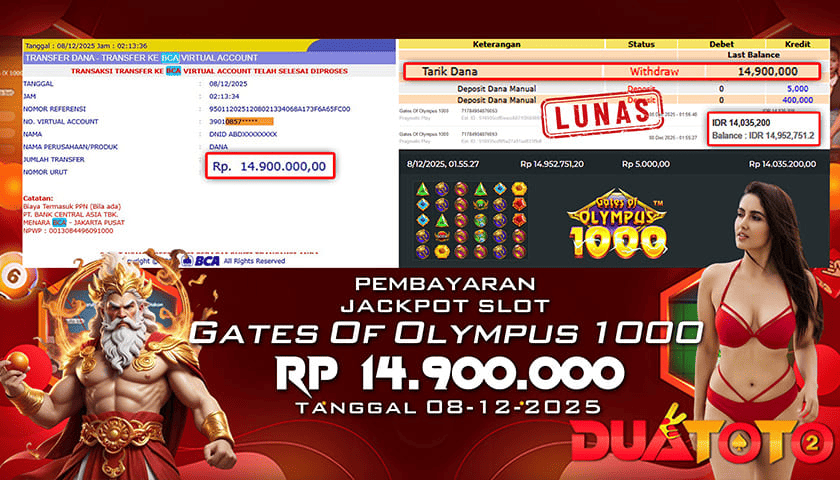BUKTI PEMBAYARAN JACKPOT SLOT GATES OF OLYMPUS  1000 08-12-2025