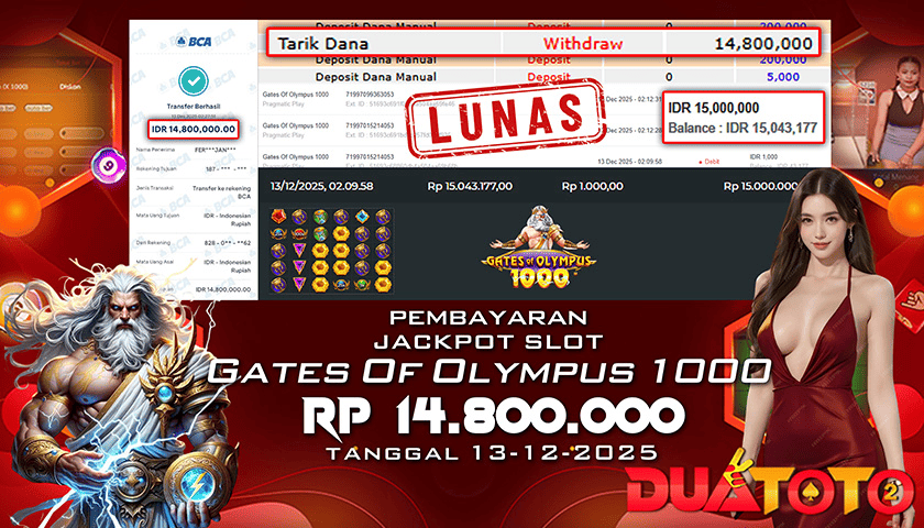 BUKTI PEMBAYARAN JACKPOT SLOT  GATES OF OLYMPUS 1000  13-12-2025