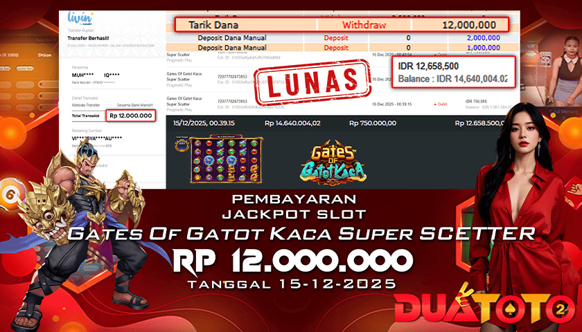 BUKTI PEMBAYARAN JACKPOT SLOT  GATES OF GATOT KACA SUPER SCETTER  15-12-2025