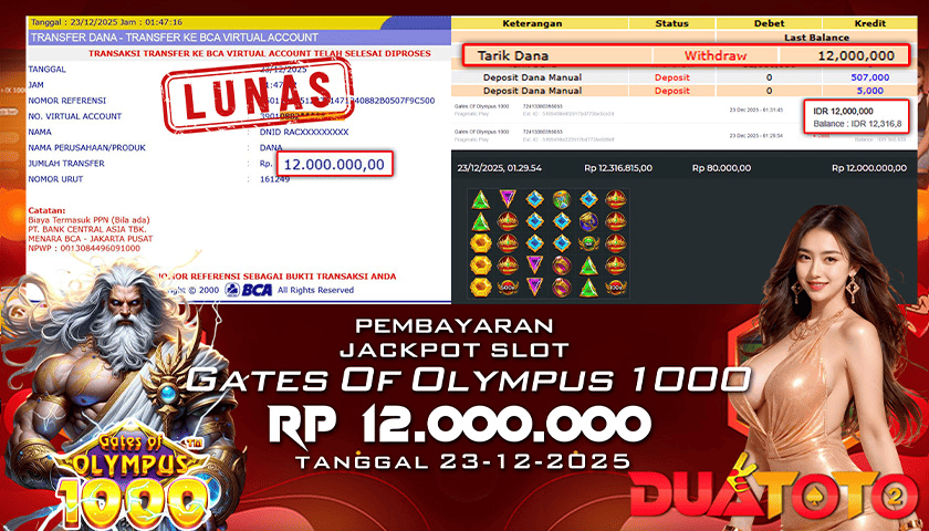 BUKTI PEMBAYARAN JACKPOT SLOT  GATES OF OLYMPUS 1000 23-12-2025