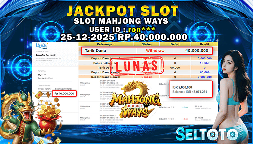 BUKTI PEMBAYARAN JACKPOT SLOT MAHJONG WAYS 25-12-2025