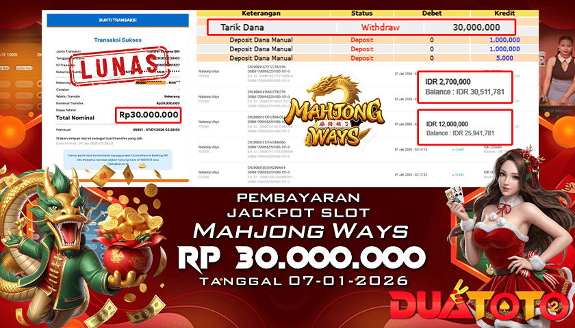 BUKTI PEMBAYARAN JACKPOT SLOT MAHJONG WAYS 07-01-2026