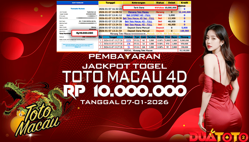 BUKTI PEMBAYARAN JACKPOT TOGEL TOTO MACAU 4D 07-01-2026