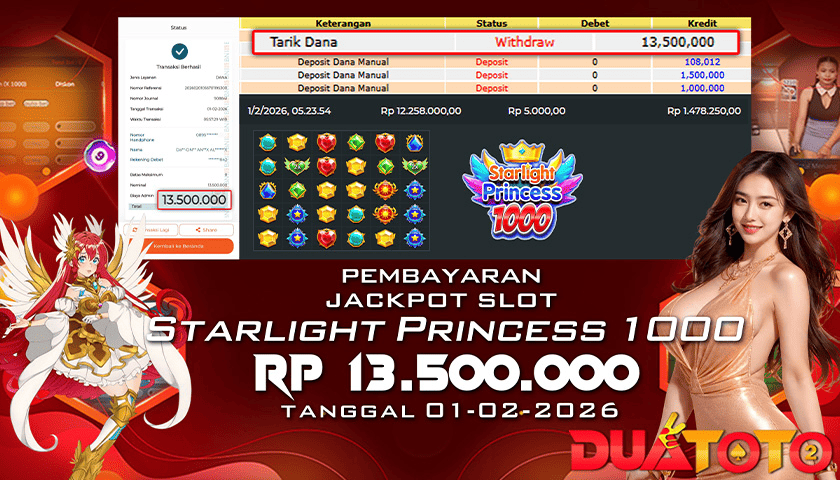 BUKTI PEMBAYARAN JACKPOT SLOT STARLIGHT PRINCESS 1000 01-02-2026