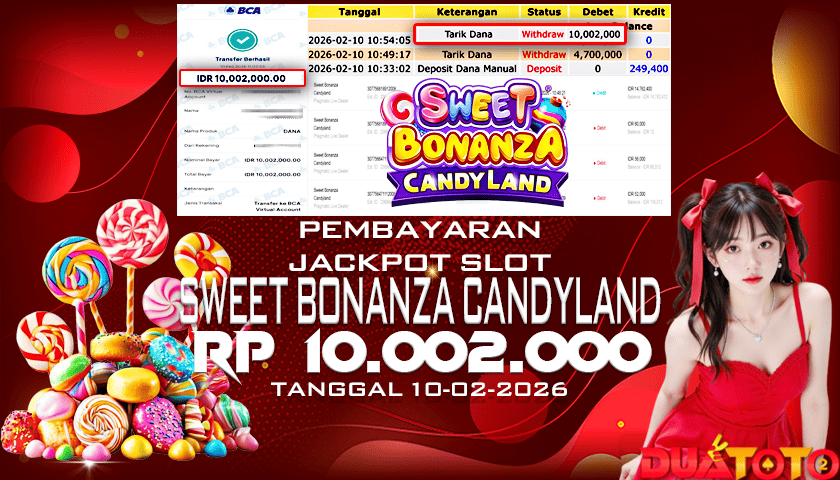 BUKTI PEMBAYARAN JACKPOT SLOT SWEET BONANZA CANDYLAND 10-02-2026