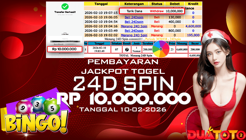 BUKTI PEMBAYARAN JACKPOT TOGEL 2D SPIN 10-02-2026