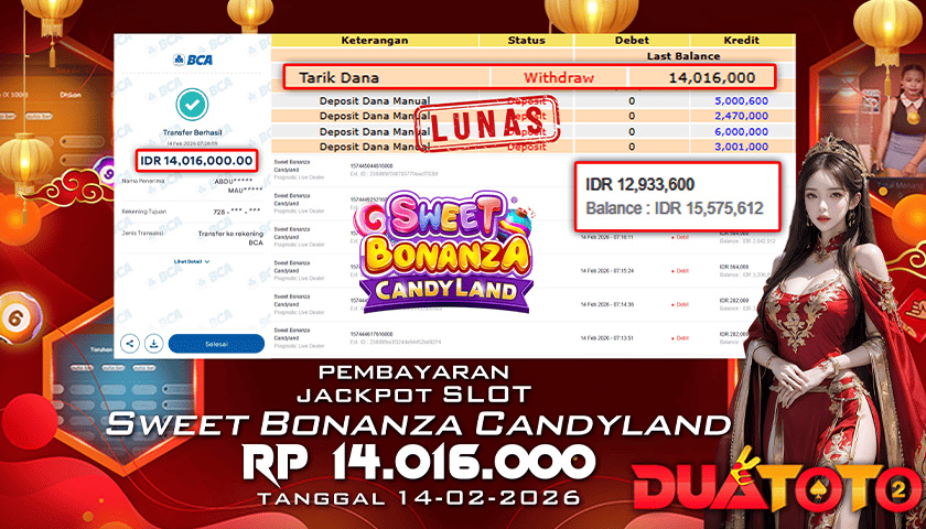 BUKTI PEMBAYARAN JACKPOT SLOT SWEET BONANZA CANDYLAND 14-02-2026