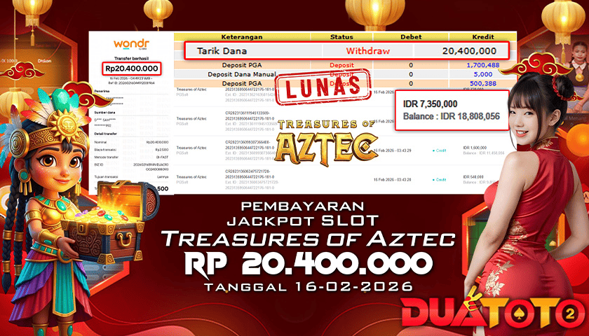 BUKTI PEMBAYARAN JACKPOT SLOT  TREASURES OF AZTEC 16-02-2026