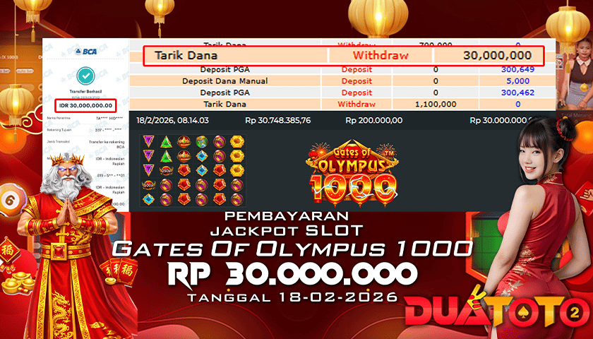 BUKTI PEMBAYARAN JACKPOT SLOT GATES OF OLYMPUS 1000 18-02-2026