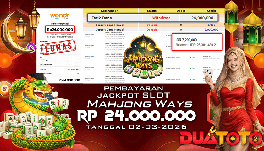 BUKTI PEMBAYARAN JACKPOT SLOT MAHJONG WAYS 02-03-2026