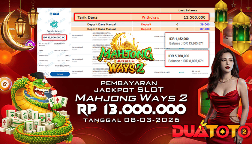 BUKTI PEMBAYARAN JACKPOT SLOT MAHJONG WAYS 2 08-03-2026