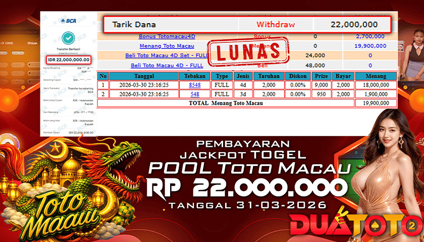 BUKTI PEMBAYARAN JACKPOT TOGEL TOTOMACAU  31-03-2026