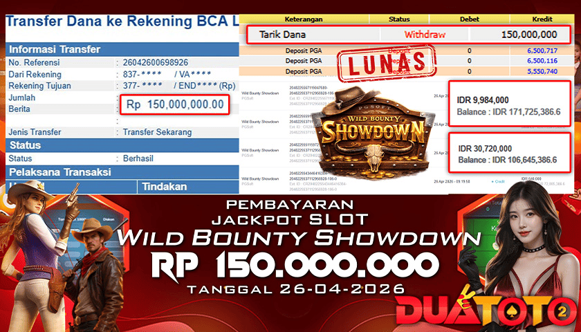 BUKTI PEMBAYARAN JACKPOT SLOT WILD BOUNTY SHOWDOWN 26-04-2026