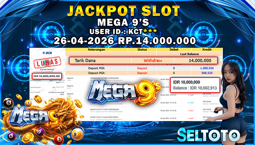 BUKTI PEMBAYARAN JACKPOT SLOT  MEGA 9S 26-04-2026