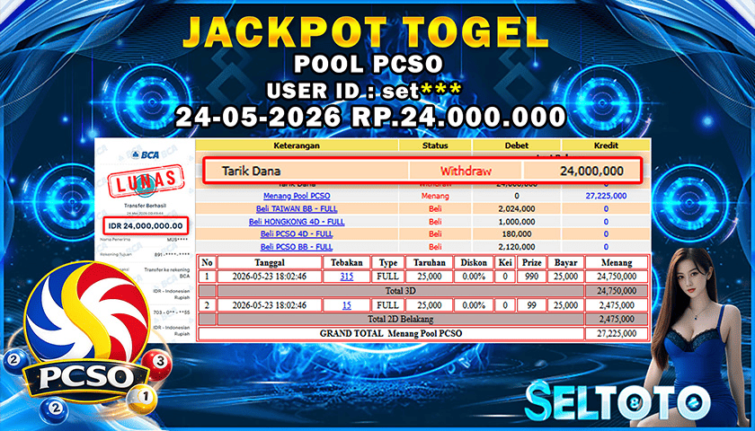 BUKTI PEMBAYARAN JACKPOT TOGEL POOL PCSO 24-05-2026