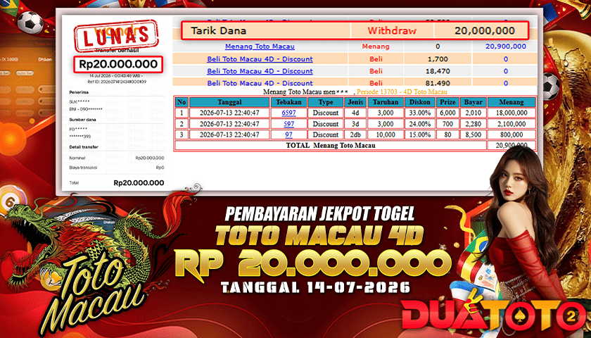 BUKTI PEMBAYARAN JACKPOT TOGEL TOTTOMACAU 4D 14-07-2026