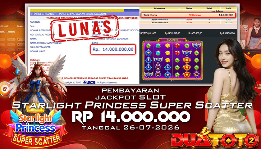BUKTI PEMBAYARAN JACKPOT SLOT STARLIGHT PRINCESS SUPER SCATTER 26-07-2026