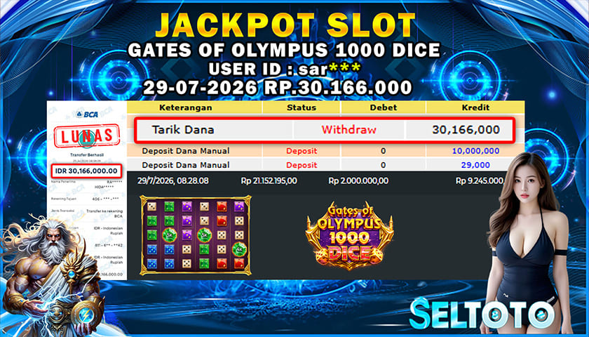 BUKTI PEMBAYARAN JACKPOT SLOT GATES OF OLYMPUS 1000 DICE 29-07-2026