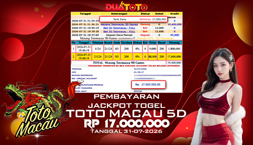 BUKTI PEMBAYARAN JACKPOT TOGEL TOTO MACAU 5D 31-07-2026