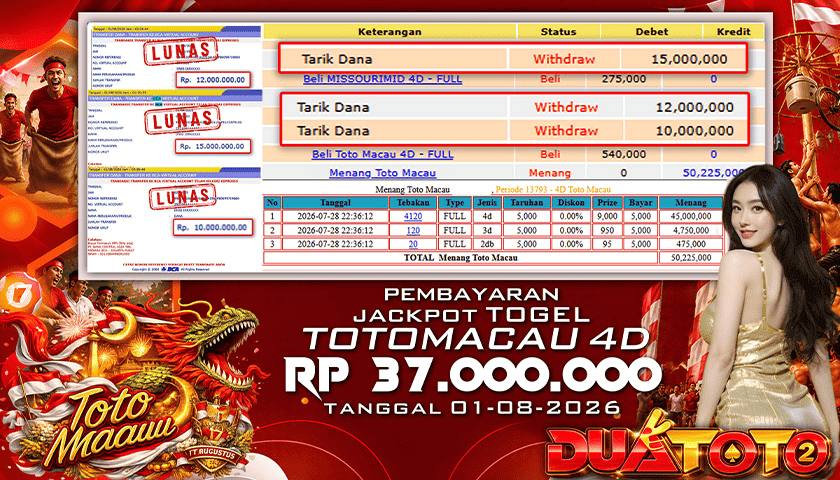 BUKTI PEMBAYARAN JACKPOT TOGEL TOTO MACAU 4D 01-08-2026