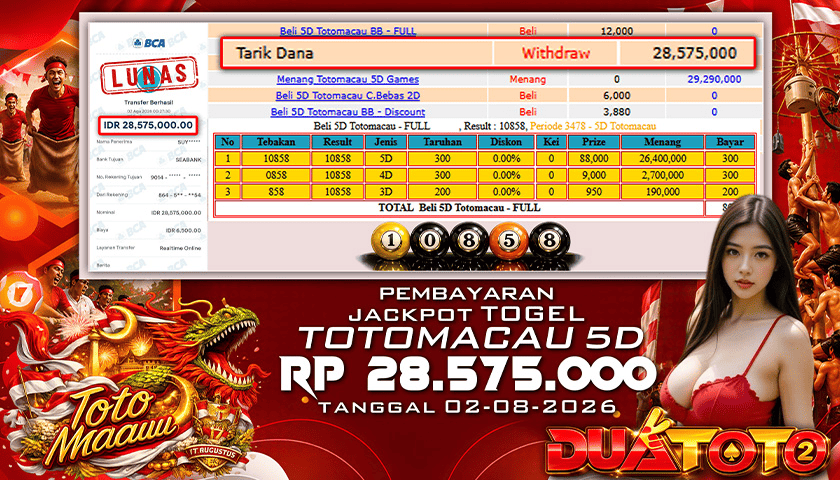 BUKTI PEMBAYARAN JACKPOT TOGEL TOTO MACAU 5D 02-08-2026