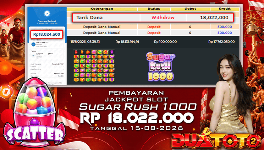 BUKTI PEMBAYARAN JACKPOT SLOT SUGER RUSH 1000 15-08-2026