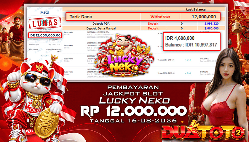 BUKTI PEMBAYARAN JACKPOT SLOT LUCKY NEKO 16-08-2026