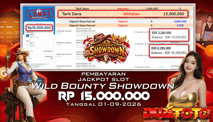 BUKTI PEMBAYARAN JACKPOT SLOT WILD BOUNTY SHOWDOWN 01-09-2026